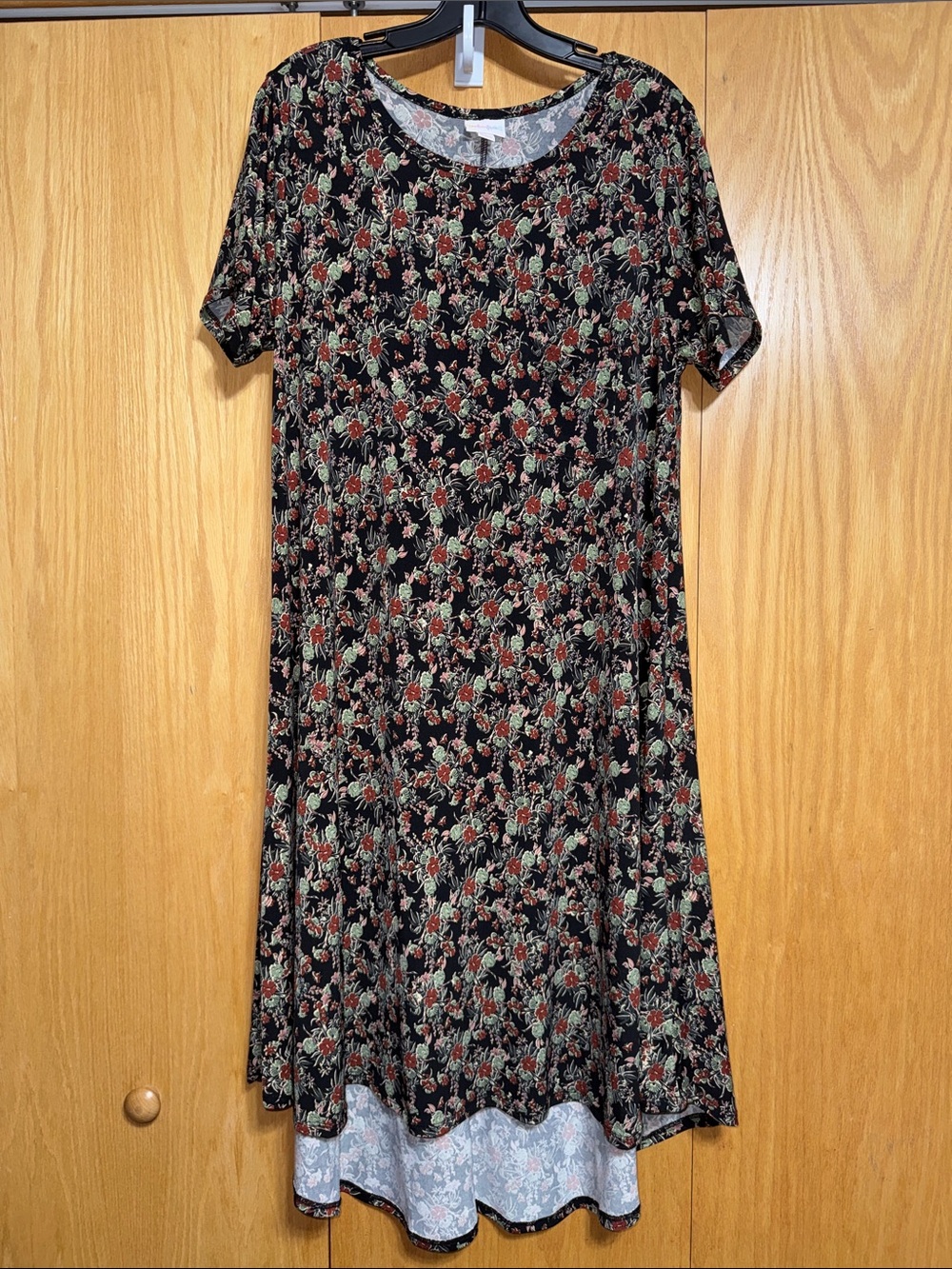 LuLaRoe Carly Black Midi Dress with Brown & Mauve Floral and Green Leaf Print